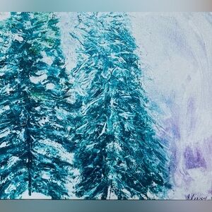Canvas print from original. ‘Winter Blue Evergreens’
